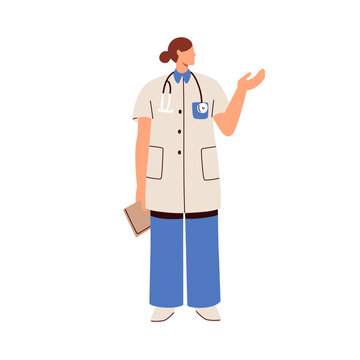 Doctor advertising, showing something with hand gesture. Woman medic, health care specialist, physician, general practitioner presenting aside. Flat vector illustration isolated on white background