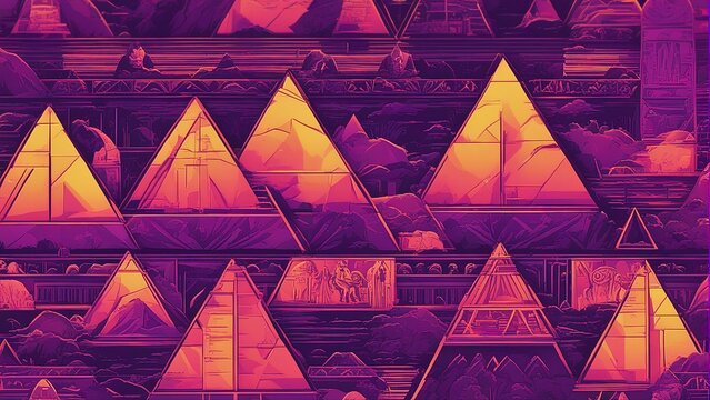 Generative AI. Wallpaper, Neon glow Egyptian art. Beautiful pyramids, futuristic, painting, photo frame, design. Tiling effect.