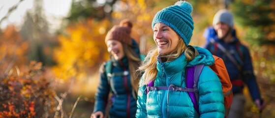An outdoor-clad young woman laughs along a wooded path with two friends