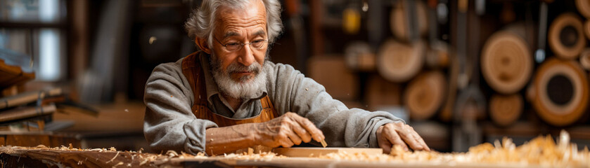 Handcrafted wooden furniture, carpenter in studio, focus on skill and artistry, bespoke pieces