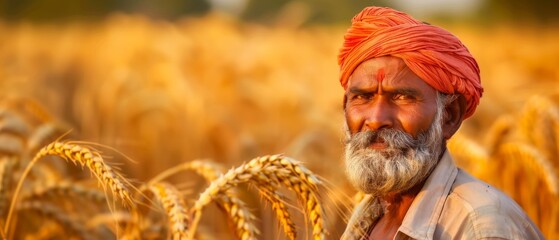 Farmer standing in a wheat field in India - obrazy, fototapety, plakaty