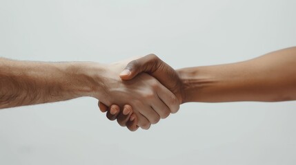 Close-up of two men shaking hands on white background. Sportsmen shaking hands before competing. Integrity and teamwork concept.
