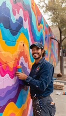 Street artist creating vibrant mural, local culture, community engagement, public art in urban...