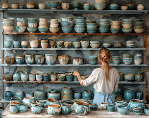 Artistic pottery studio, potter shaping clay, shelves of colorful ceramics, creative expression
