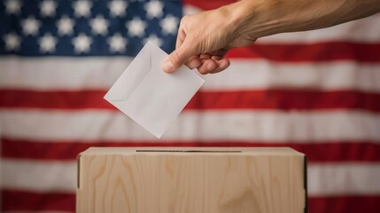 Hand inserting envelope in ballot box on USA national flag background