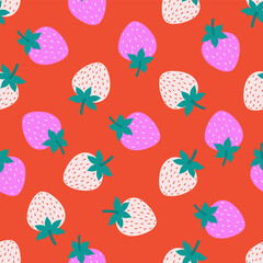 Simple seamless pattern with white and pink strawberries on a red background. Vector graphics.
