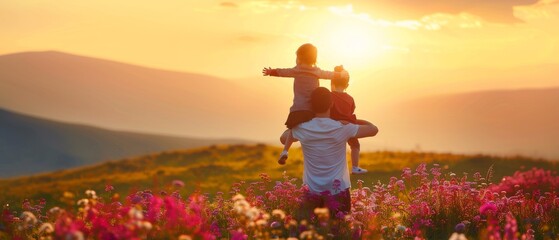 Family at sunset with father, mother, and two daughters playing in nature. The child sits on the father's shoulders. - obrazy, fototapety, plakaty