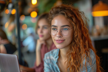 Smiling Young Woman with Curly Hair and Glasses. Portrait of a smiling young woman with curly hair wearing glasses in a cozy cafe setting, exuding confidence and approachability. - obrazy, fototapety, plakaty