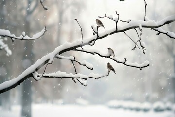 Fototapeta na wymiar a snowladen tree branch with birds perched