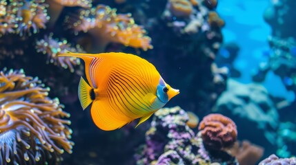 Fototapeta na wymiar Yellow butterfly fish swim in the blue sea, colorful coral reefs on both sides, high definition photography photos in the style of nature