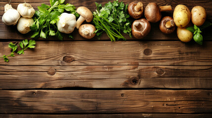 Obraz na płótnie Canvas A wooden table with a variety of vegetables including potatoes, garlic, and mushrooms. The vegetables are arranged in a row, with the garlic on the left, the mushrooms in the middle