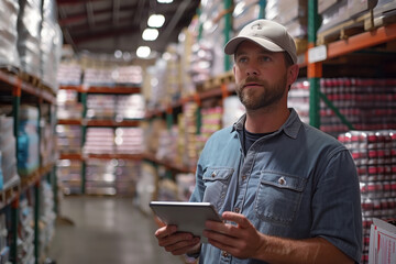 Focused Warehouse Manager with Tablet in Industrial Setting. Male warehouse manager wearing a cap and denim shirt uses a tablet in an industrial storage facility. - Powered by Adobe