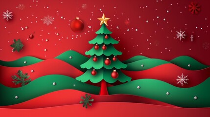 On a red background, a green Christmas tree is decorated with the season's greetings and a red Christmas tree is decorated with a red Christmas tree. Modern illustration in paper art.