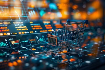 Digital Shopping Cart on Financial Data Background. Empty shopping cart overlaying a vibrant display of financial stock market data, symbolizing e-commerce and digital economy.