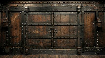 A wooden door with metal hinges and a metal lock. The door is old and has a rustic appearance - obrazy, fototapety, plakaty