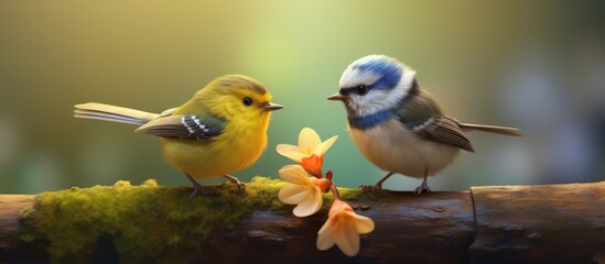 Two songbirds with vibrant feathers are perched on a branch next to a flower, showcasing the beauty of wildlife in this photo caption event