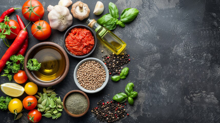 A variety of vegetables and spices are displayed on a countertop. Concept of abundance and variety, as there are many different types of vegetables and spices, including tomatoes, basil, garlic