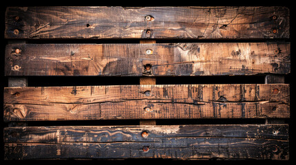 A wooden plank with a black background. The wood is old and has a lot of scratches and dents - obrazy, fototapety, plakaty