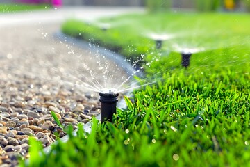 Automatic sprinkler system watering green grass promoting water conservation with adjustable heads for efficient lawn irrigation. Concept Water Conservation, Efficient Irrigation