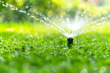 Efficient Lawn Irrigation with Automatic Sprinkler System and Adjustable Heads to Promote Water Conservation. Concept Lawn Irrigation, Automatic Sprinkler System, Adjustable Heads - obrazy, fototapety, plakaty