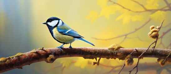 A small songbird with colorful feathers is perched on a twig of a tree, its beak pointed towards the sky. Its wings and tail blend in with the wood as it sits gracefully on the branch - Powered by Adobe