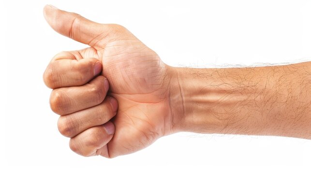 The thumbs up sign is shown against a white background in this close-up of a male hand
