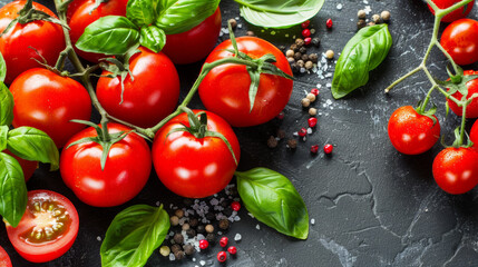 A bunch of ripe red tomatoes and basil leaves on a black counter. The tomatoes are arranged in a way that they are almost touching each other. The basil leaves are scattered around the tomatoes