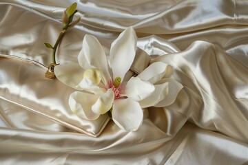 a clutch with a magnolia bloom on a satin cloth - obrazy, fototapety, plakaty