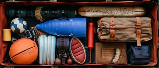 A sports suitcase with old equipment