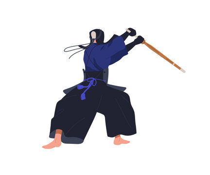 Japan kendo fighter in action. Japanese martial art. Asian athlete attacking and defending with bamboo sword. Defense stance, fight pose. Flat vector illustration isolated on white background