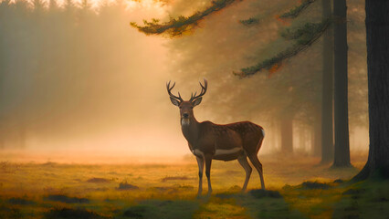 Majestic Deer Scouting Over Field In A Sunset, Cinematic Wildlife Style, Copy Space For Text Or Logo Etc. 16:9 300 DPI Wallpaper Background