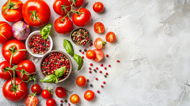 A bowl of tomatoes and basil sits on a table next to a bowl of red pepper flakes. The table is covered in a variety of fresh vegetables, including several tomatoes and a few onions