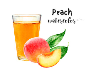 Watercolor illustration of peaches and juice close-up. Design template for packaging, menu, postcards. PNG