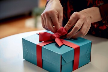 person tying red bow on a blue gift box on a white table