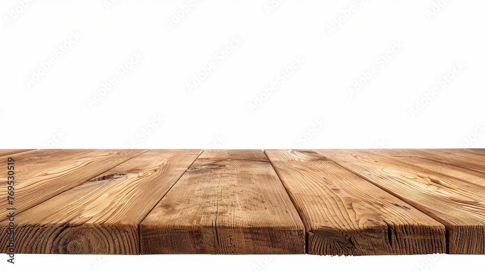 Poster white background with wooden table isolated on it