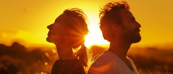 An image of a couple breathing deep fresh air together at sunset