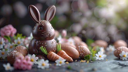 Fototapeta na wymiar Chocolate Egg-Light Decorated Table with Rabbit Theme