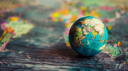 A globe is sitting on a map of the world. The globe is blue and is placed in the center of the map