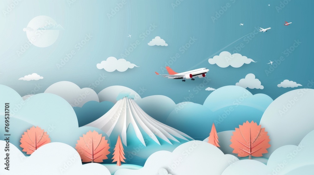 Aufkleber an illustration of a landscape and a business concept with a plane flying in the sky with a cloud an