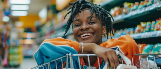 Having fun at the supermarket, a smiling woman leans on a full cart, lifestyle concept, and retail concept. - obrazy, fototapety, plakaty