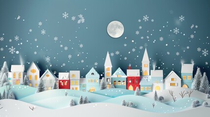 Fototapeta na wymiar A winter snow landscape with a city village and full moon, Happy New Year and Merry Christmas, a paper art and digital craft style.