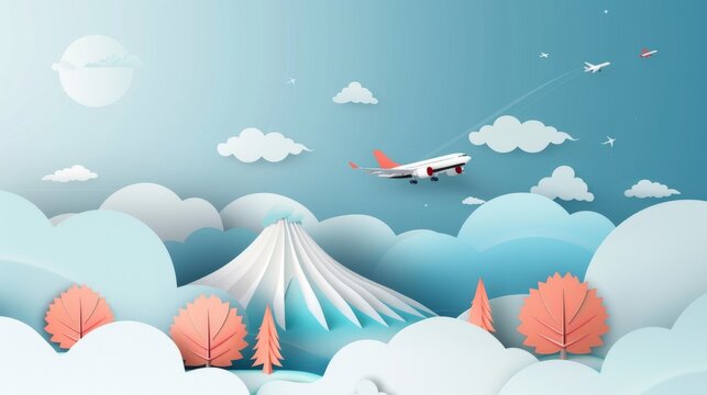 An illustration of a landscape and a business concept with a plane flying in the sky with a cloud and mountain in the background. This is made with paper art and digital craft techniques.