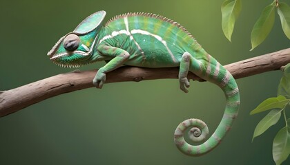 A Chameleon Clinging To A Tree Branch With Its Pre