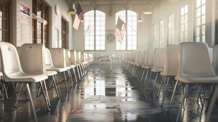 Interior of an empty polling place in the US. Row of empty white voting booths with American flags at the ballot station. Elections in the USA, democracy concept - obrazy, fototapety, plakaty