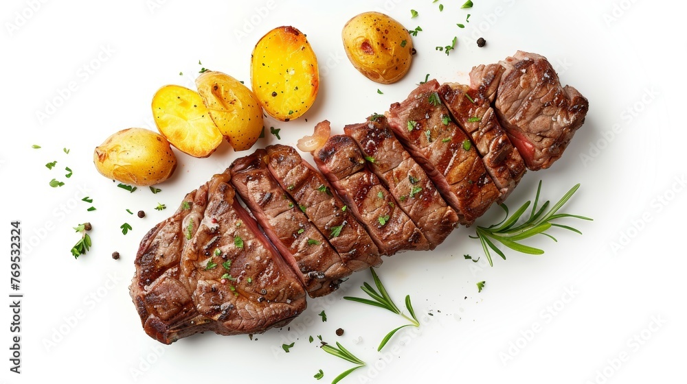 Poster isolated top view of beef steak and potatoes grilled on white background