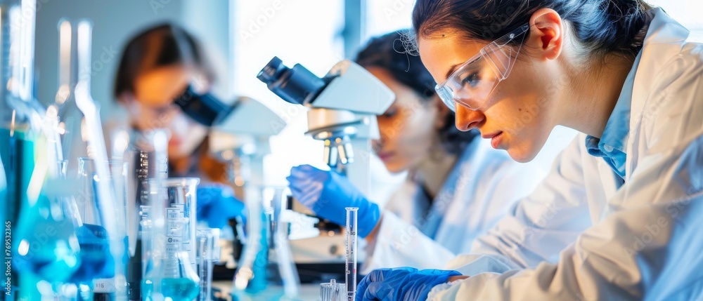 Aufkleber a female health care researcher is microscopically examining specimens, while scientists focus on ta
