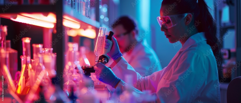 Poster Scientists working in a life science laboratory preparing microscope slides and analyzing them.