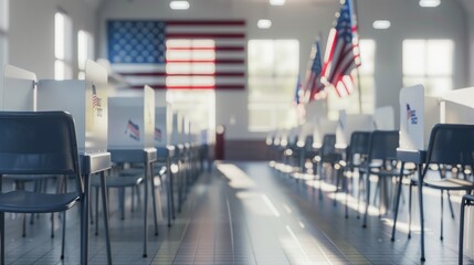 Interior of an empty polling place in the US. Row of empty white voting booths with American flags at the ballot station. Elections in the USA, democracy concept - obrazy, fototapety, plakaty
