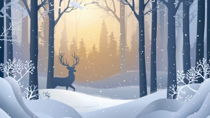 Animated deer in the forest with snow. Modern paper art. This is a digital craft style.