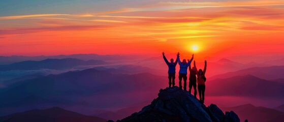 At sunset, five friends stand on mountain tops with arms raised in the air.